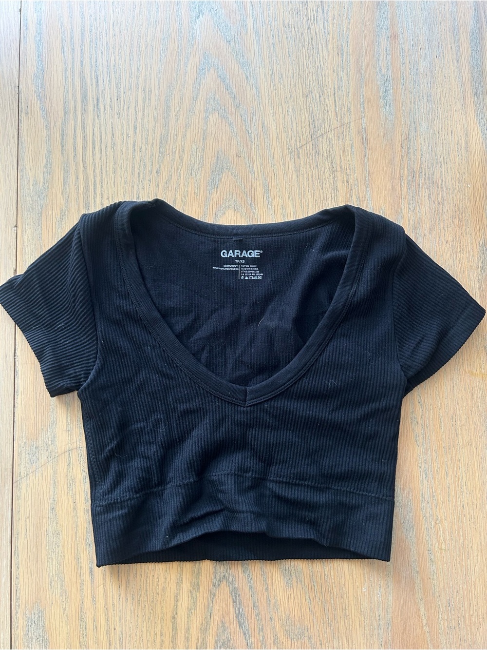 Garage Black Ribbed V-Neck Short Sleeve Crop